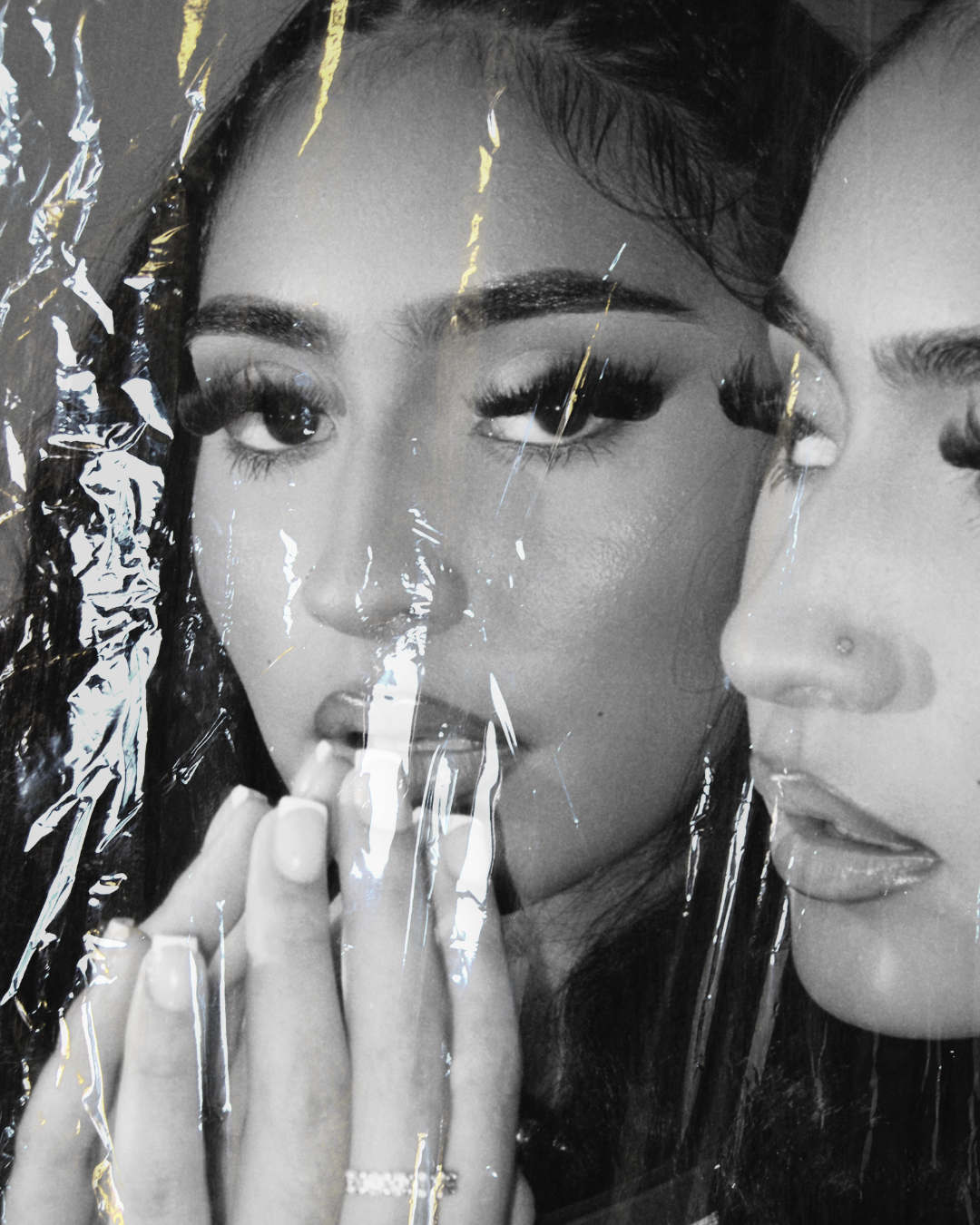 Editorial film-wrapped beauty portrait